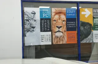 Storefront window showing services: laptop repair, PC upgrades, business IT support, and web design.